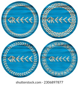 Word Greece With Greek Ornament On A Wooden Board Vector Illustration.eps