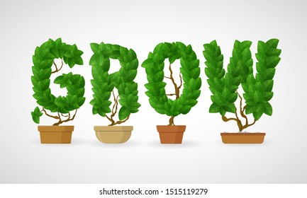 The word Grow spelled out with fresh plants in pots with leaves growing in shapes of the letters