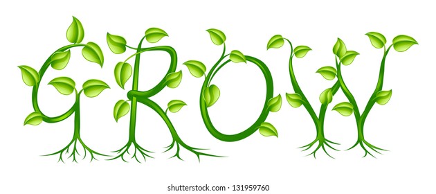 The word grow spelled out with a plant or vines with leaves growing into the letters