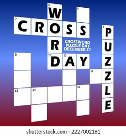 A word guessing game commonly called a crossword puzzle with bold text on blue to red gradient background to celebrate Crossword Puzzle Day on December 21