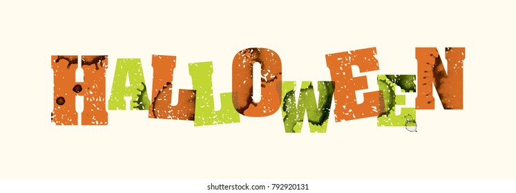 The word HALLOWEEN concept printed in letterpress hand stamped colorful grunge paint and ink. Vector EPS 10 available.