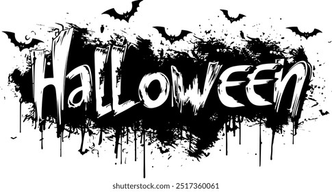 La palabra "Halloween" en letras góticas, Vectores sencillos sobre fondo blanco, tinta negra con sombreado sutil para mayor profundidad, atmósfera divertida pero misteriosa