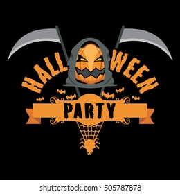 Word of the halloween party with pumpkin grim reaper character instead of the letter O vector