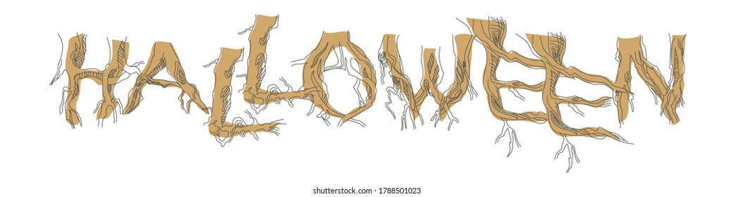 Word halloween is written in decorative font. Lettering from tree roots. Type composition