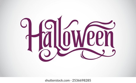 Das Wort Halloween in einem dekorativen Gothic-Stil Schriftart mit ornate Blüten geschrieben Die Schriftart ist violett und der Hintergrund ist weiß