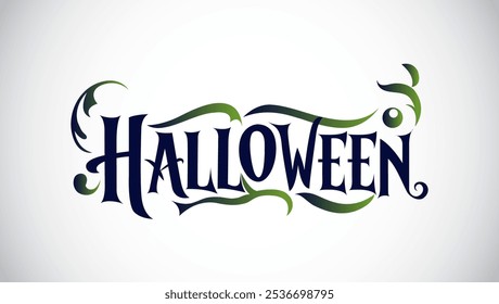  Das Wort Halloween in einer dekorativen Gothic-Stil Schriftart mit verzierten Blüten geschrieben. Die Schriftart ist dunkelblau mit einem grünen Farbverlauf, der eine gespenstische und festliche Note. Der Hintergrund ist weiß