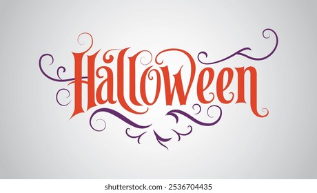 Das Wort Halloween in einer dekorativen Gothic-Stil Schriftart mit verzierten Blüten geschrieben. Die Schriftart ist orange mit violetten Akzenten Hinzufügen einer festlichen und gespenstischen Note. Der Hintergrund ist weiß