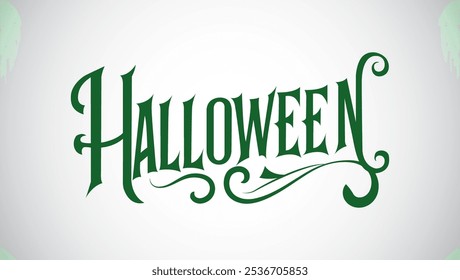  Das Wort Halloween in einer dekorativen Gothic-Stil Schriftart mit verzierten Blüten geschrieben. Die Schriftart ist grün und der Hintergrund ist weiß