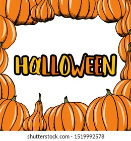 The word Halloween is written in orange letters with a black stroke around orange pumpkins. For the holiday of Halloween.