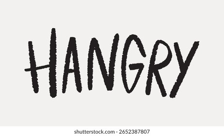The word 'Hangry' in bold, black letters on a white background. Hangry text stands out. Hangry design is simple yet striking. Hangry font is bold and clear. Word and typography vector.