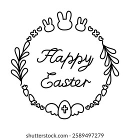 the word happy easter doodle outline on white background