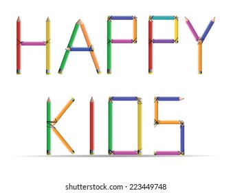 The word "happy kids" stacked with colored pencils