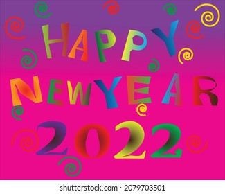 The word Happy new year is multicolored on a pink and purple background.
