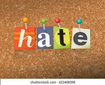 The word "HATE" written in cut letters and pinned to a cork bulletin board illustration. Vector EPS 10 available.