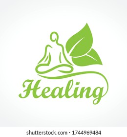 word healing and abstract illustration of person in yoga pose with two big leaves, vector