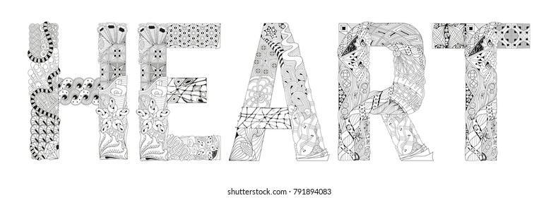 Word HEART for coloring. Vector decorative zentangle object