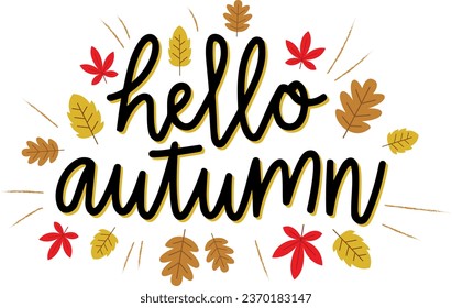 Word "hello autumn" typography written with colorful autumn leaves, handwritten "hello autumn" text
