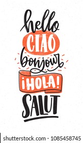 Adiós Word en diferentes idiomas - Inglés, Francés, Español, Italiano. Saludos escritos a mano con varias fuentes caligráficas cursivas. Letrería a mano creativa. Ilustración vectorial para la impresión en pantalones t