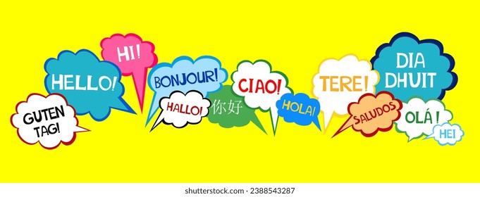 Word hello in different languages. French bonjour and salut, spanish hola, chinese nihao and other greetings. Cloud banner for hotels or school. Vector illustration