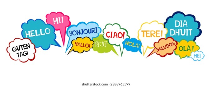 Word hello in different languages. French bonjour and salut, spanish hola, chinese nihao and other greetings. Cloud banner for hotels or school.  Vector illustration