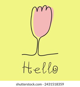 Word - Hello. Flower. One line art style. Hand drawn illustration on yellow background. 