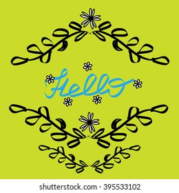The word hello in a frame of black branches. Hand drawing. Vector.