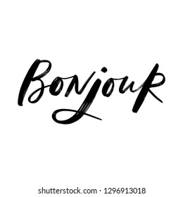 Word hello in French. Bonjour. Fashionable calligraphy. Vector illustration on white background. Elements for design