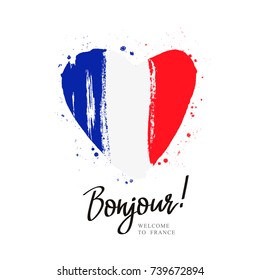 Word Hello in French. Flag of France in the shape of a big heart. Vector illustration on white background.