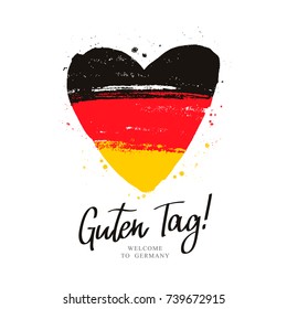 The word Hello in German. Flag of Germany in the form of a big heart. Vector illustration on white background.