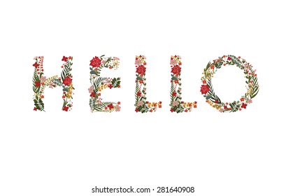 The word "hello", lined with flowers and leaves.Editable Vector Cute floral card on a white background.