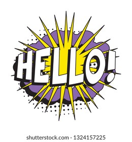 word 'hello' in retro comic speech bubble with strong and halftone dotted shadows on white background. vector vintage pop art illustration easy to edit and customize. eps 10