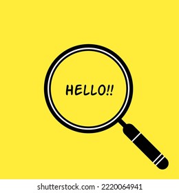 the word hello in the sight of a loupe isolated on a yellow background.