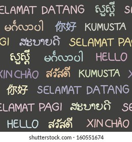 The word hello in South East Asian languages. (Seamless pattern)