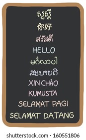 The Word Hello In South East Asian Languages On Black Board