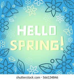 word hello spring and frame with flowers and butterflies