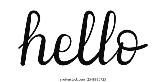 Word hello is stylized in an elegant hand drawn cursive font, featuring smooth connections. The bold black lettering on white backdrop