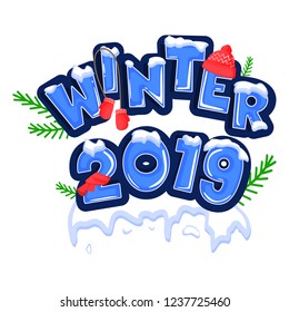 Word Hello winter, covered with layers of snow ice, decorated with a red hat, scarf and mittens with green twigs. Stock vector. Text in cartoon style.