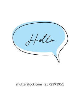 The word "Hello" is written in cursive inside the bubble with a light blue color and black outline