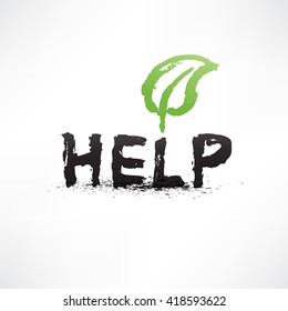 Word HELP and green leaf. The idea of saving nature, trees. Icon.