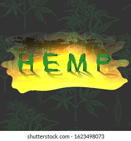 Word Hemp Made by Arranging Leaves of Cannabis Sativa and Placed Vivid Textured Substrate. Seamless Background with Contoured Marijuana Used as an Backdrop.