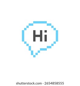 Palabra hi en el cuadro de mensaje de 8 bits. Texto de bienvenida pixelado en la burbuja del discurso. icono de la caja de chat y2k con saludo. Ilustración vectorial