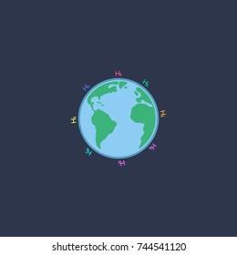 Word HI around the Earth. Flat vector illustration