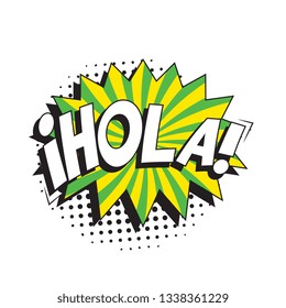 word 'hola' (hello in spanish) in retro comic speech bubble with halftone dotted shadow on white background. vector vintage pop art illustration easy to edit and customize. eps 10