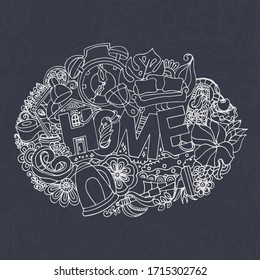 Word home, table lamp, toilet paper, alarm clock, kettle, mop, sofa, scoop, ironing board, bun, flowers and patterns. Dark gray background and light lines.