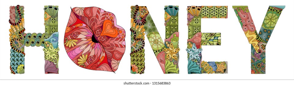 Word HONEY with lips silhouette. Vector zentangle object for decoration