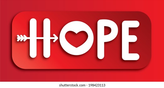 the word hope with a symbol of heart and an arrow on a bright red background