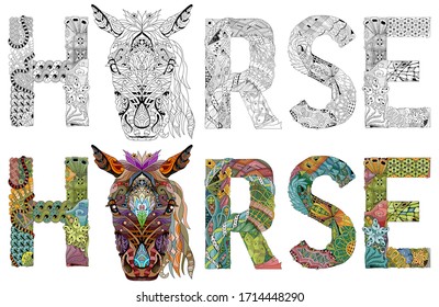 Word horse with head animal. Vector zentangle object for decoration. Color and outline set.