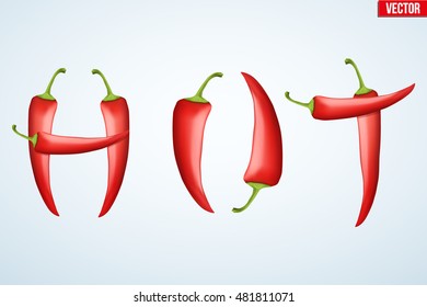 Word HOT decorated with red pepper. Spicy menu. Vector Illustration isolated on white background.