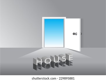 The word the house in the room and an open door overlooking the sky