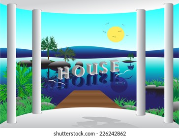 Word house, shadow of the man and woman and beautiful landscape
